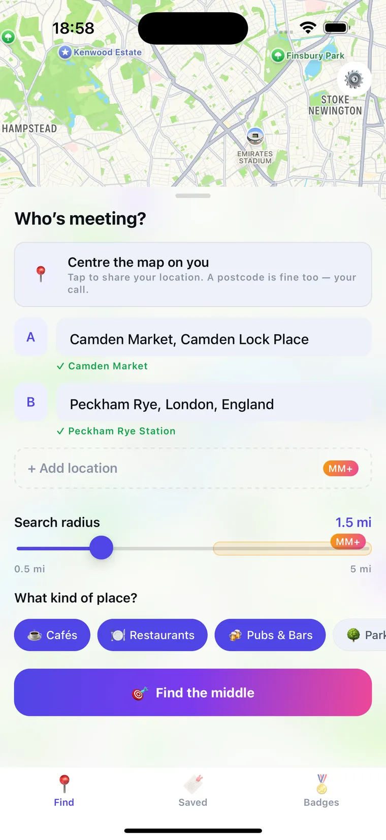 The “Who's meeting?” panel with location A set to Camden Market, location B to Peckham Rye, a 1.5 mile search radius, and category chips for cafés, restaurants and pubs.