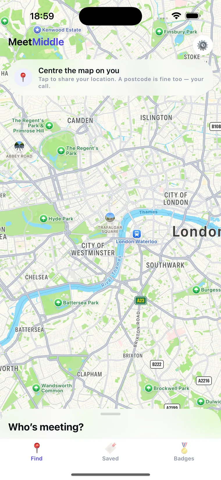 The MeetMiddle home screen: a map of London with the “Who's meeting?” panel starting to rise from the bottom.