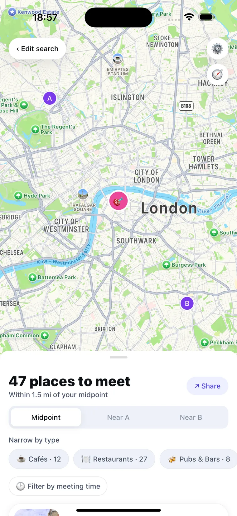 A map of London showing pins for locations A and B with the pink midpoint pin between them, and a panel reading “47 places to meet”.