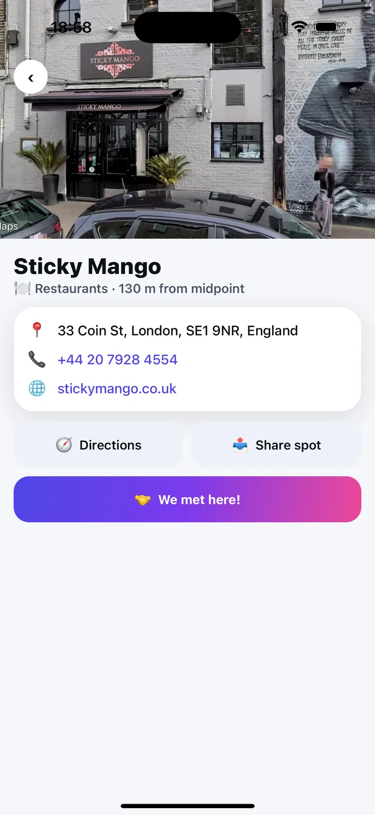 A venue detail card for Sticky Mango showing a photo, address, phone number, website, Directions and Share spot buttons, and a “We met here!” button.